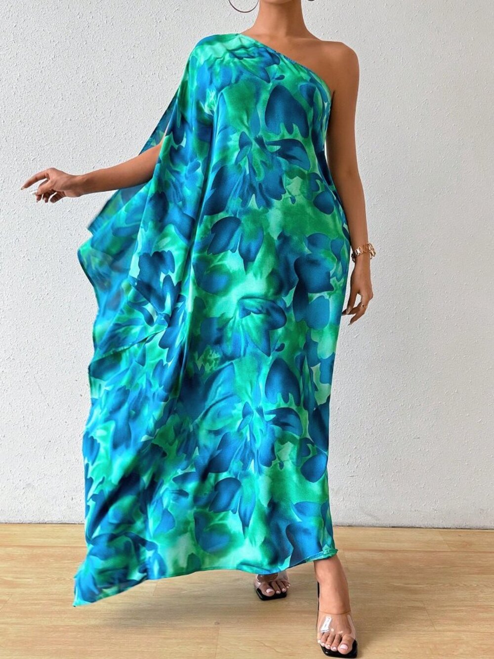 Multicolor Boho Women's Floral Print Asymmetrical Cape Sleeve Long Dress Maxi